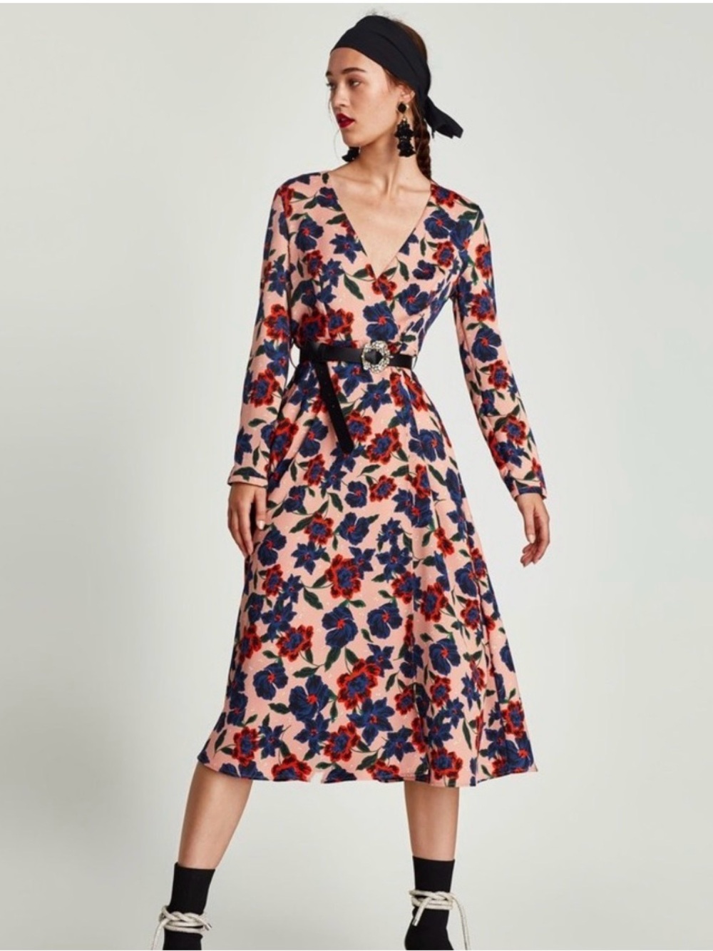 Zara womens size L Floral Print True Wrap Long Sleeve Midi Dress pink waist tie